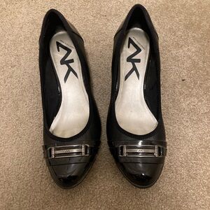 Anne Klein Black Patent Pointed Toe Heels with Silver Accent Strap